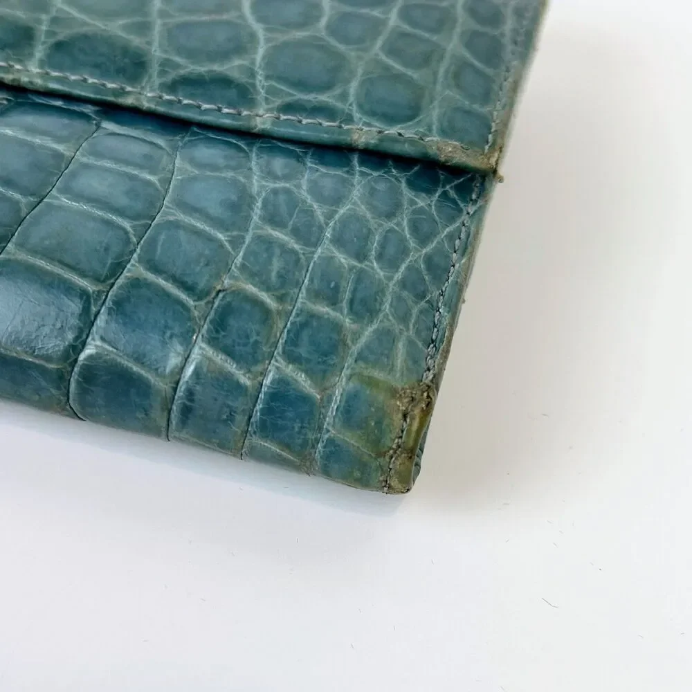 Lambertson Truex Crocodile Leather Exotic Turquoise Blue Foldover Wallet Design